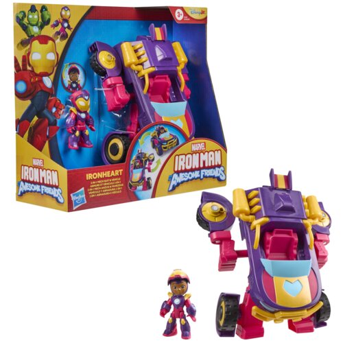 Opakowanie zawiera figurkę i pojazd w kolorach fioletowym, żółtym i czerwonym, z napisem "MARVEL IRON MAN AWESOME FRIENDS" oraz "IRONHEART 2-IN-1 MECH SUIT & VEHICLE". Widoczne jest logo Hasbro i Disney Junior, a także ilustracje postaci Iron Man i Ironhe