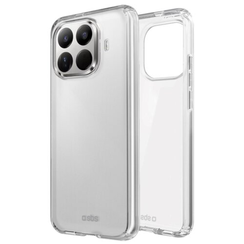 Przezroczyste etui na telefon z widocznymi wycięciami na aparat i przyciski, z logo "sbs" na dole. Produkt jest wykonany z przezroczystego materiału, co pozwala na widoczność telefonu przez obudowę.