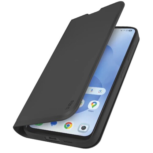 Czarne etui typu wallet na smartfon z widocznym logo "SBS" na klapce, częściowo otwarte, ukazujące ekran telefonu z ikonami aplikacji.