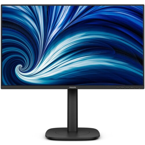 Monitor marki PHILIPS z cienkimi ramkami, wyświetlający dynamiczną grafikę w odcieniach niebieskiego i białego. Na dolnej ramce widoczne jest logo "PHILIPS".