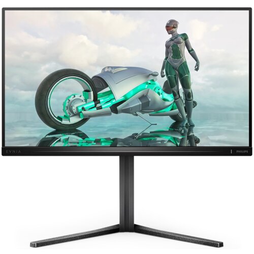 Na zdjęciu widoczny jest monitor marki PHILIPS z wyświetlanym obrazem przedstawiającym futurystyczny motocykl i postać w kombinezonie na tle nieba z chmurami. Na ramce monitora znajdują się napisy "EVNIA" i "PHILIPS".