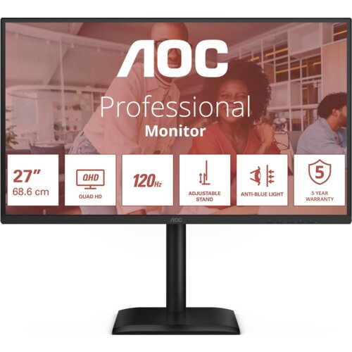 Monitor AOC z napisem "Professional Monitor" na ekranie, z ikonami i tekstem informującym o specyfikacjach: "27" 68.6 cm", "QHD Quad HD", "120Hz", "Adjustable Stand", "Anti-Blue Light", "5 Year Warranty". W tle widoczne są rozmyte postacie w biurowym otoczeniu.