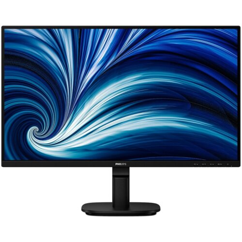 Monitor z cienkimi ramkami, wyświetlający dynamiczny, niebiesko-biały wzór przypominający wir. Na dolnej ramce widoczne jest logo "PHILIPS".