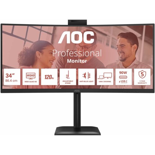 Monitor AOC z zakrzywionym ekranem, na którym widnieje napis "AOC Professional Monitor" oraz ikony z informacjami: "34'' 86.4 cm", "WQHD Wide Quad HD", "120Hz", "Adjustable Stand", "Anti-Blue Light", "USB-C Docking", "90W USB-C Power Delivery", "5 Year Warranty".