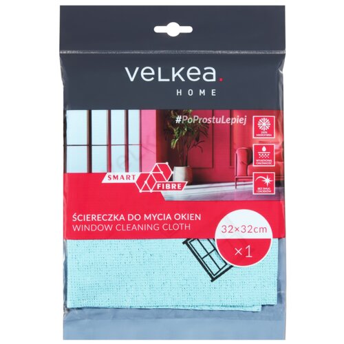 Opakowanie ściereczki do mycia okien marki Velkea Home z napisem "Ściereczka do mycia okien" oraz "Window cleaning cloth", zawiera informacje o wymiarach 32 x 32 cm i liczbie sztuk x1. Na opakowaniu widoczne są również hasła "Smart Fibre", "#PoProstuLepiej", oraz ikony wskazujące na "Mocna Mikrofibra", "Wyjątkowa Chłonność" i "Bez Smug i Zacieków".