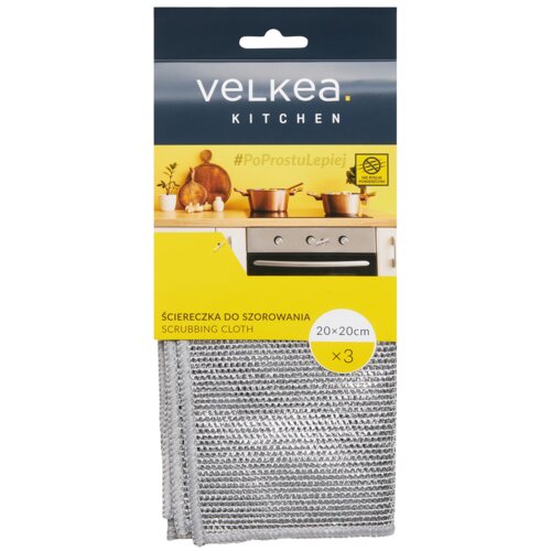 Opakowanie produktu z napisem "VELKEA KITCHEN" oraz hashtagiem "#PoProstuLepiej" przedstawia trzy srebrne ściereczki do szorowania o wymiarach 20 x 20 cm. Na opakowaniu widnieje również napis "ŚCIERECZKA DO SZOROWANIA SCRUBBING CLOTH" oraz symbol przekreślonego mikroplastiku.