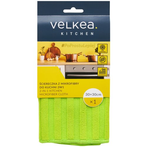 Opakowanie produktu z napisem "VELKEA KITCHEN" oraz hashtagiem "#PoProstuLepiej" zawiera zieloną ściereczkę z mikrofibry o wymiarach 30 x 30 cm. Na opakowaniu znajdują się ikony z napisami "100% MIKROFIBRA", "ANTYBAKTERYJNA" i "DWUSTRONNA", a także tekst "ŚCIERECZKA Z MIKROFIBRY DO KUCHNI 2W1" oraz "2-IN-1 KITCHEN MICROFIBER CLOTH".