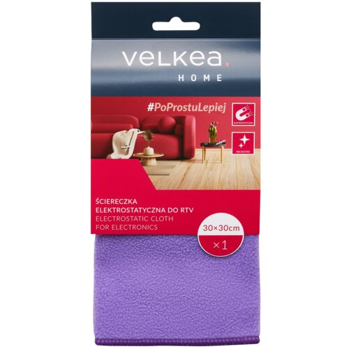 Fioletowa ściereczka o wymiarach 30 x 30 cm jest zapakowana w opakowanie z napisem "VELKEA HOME" oraz hashtagiem "#PoProstuLepiej". Na opakowaniu widnieje również opis "ŚCIERECZKA ELEKTROSTATYCZNA DO RTV" oraz "ELECTROSTATIC CLOTH FOR ELECTRONICS".