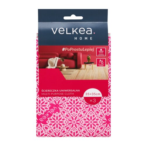 Opakowanie produktu z napisem "VELKEA HOME" na górze, poniżej znajduje się hasło "#PoProstuLepiej" oraz zdjęcie wnętrza z czerwonymi meblami. Na dole widnieje napis "ŚCIERECZKA UNIWERSALNA MULTI-PURPOSE CLOTH 35×35cm x3" oraz wzór w białe kwiaty na różowym tle.