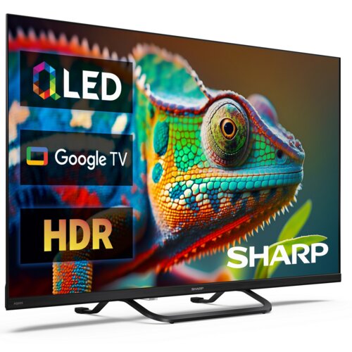 Telewizor z wyświetlaczem prezentującym kolorowego kameleona, z widocznymi napisami: "QLED", "Google TV", "HDR" oraz logo "SHARP". Obraz jest żywy i szczegółowy, podkreślając możliwości technologii wyświetlacza.