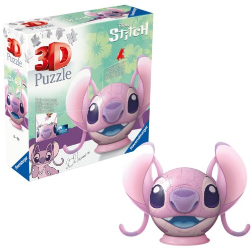 Pudełko z puzzlami 3D przedstawia różową postać z dużymi uszami i dużymi oczami, z napisem "Disney Stitch" oraz logo "Ravensburger". Obok pudełka znajduje się złożony model tej samej postaci.