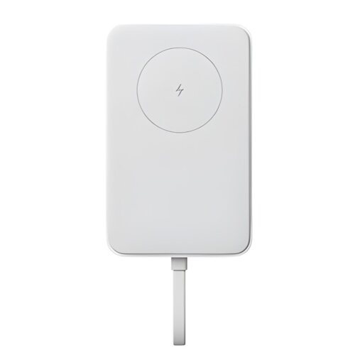 Biały powerbank o prostokątnym kształcie z zaokrąglonymi rogami, posiada centralnie umieszczony okrąg z symbolem błyskawicy. U dołu widoczny jest krótki, płaski kabel.