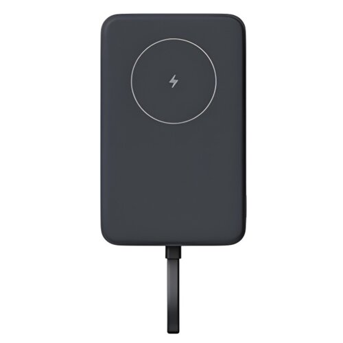Na zdjęciu znajduje się szary powerbank z okrągłym symbolem pioruna na środku. Do urządzenia podłączony jest czarny kabel.