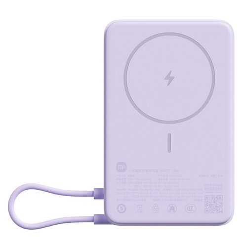 Fioletowy powerbank z okrągłym symbolem błyskawicy na środku oraz podłączonym kablem. Na dole widoczne są drobne napisy i symbole, w tym logo "mi".