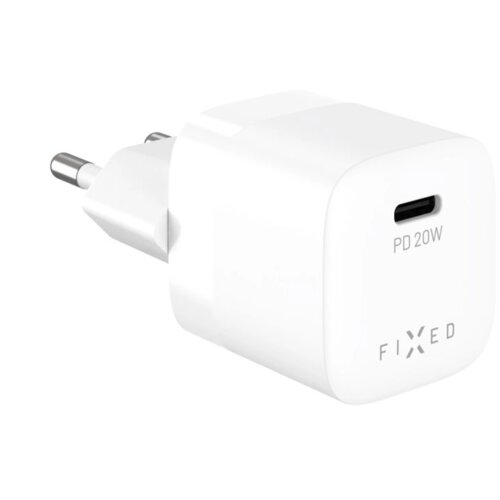Biała ładowarka sieciowa z napisem "PD 20W" obok portu USB-C oraz logo "FIXED" na obudowie. Produkt ma kompaktowy, prostokątny kształt z zaokrąglonymi krawędziami.