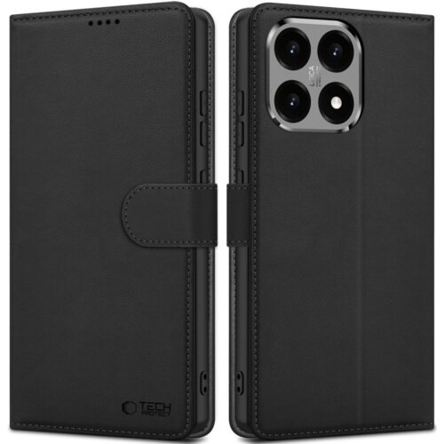 Czarne etui TECH-PROTECT Wallet do Xiaomi 15T przedstawione jest w dwóch ujęciach: zamknięte i otwarte, z widocznymi wycięciami na aparat oraz logo "TECH PROTECT" w dolnym rogu. Etui posiada zapięcie na magnes oraz precyzyjne przeszycia na krawędziach.