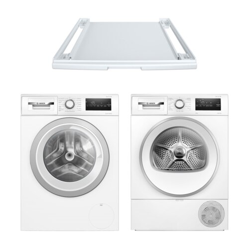 Pralka BOSCH WAN2425SPL 8kg 1200 obr EcoSilence Drive + Suszarka BOSCH WTH85V9SPL Serie 4 z pompą ciepła + Łącznik BOSCH WTZ27400