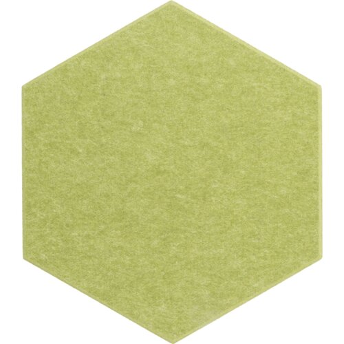 Zielony panel filcowy w kształcie heksagonu, o jednolitej fakturze. Produkt ma wymiary 40 x 46 cm.