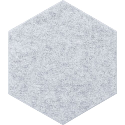 Szary panel filcowy w kształcie heksagonu o teksturze przypominającej delikatne włókna. Produkt ma wymiary 40 x 46 cm.