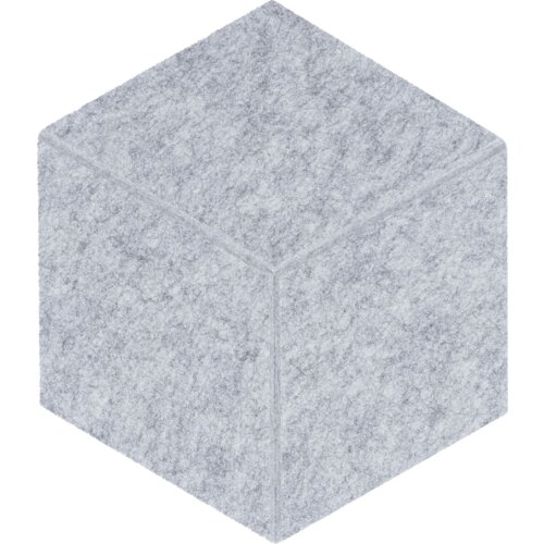 Szary panel filcowy w kształcie heksagonu o teksturze przypominającej delikatny wzór materiału. Produkt ma wymiary 40 x 46 cm i jest przedstawiony w formie przestrzennej bryły.