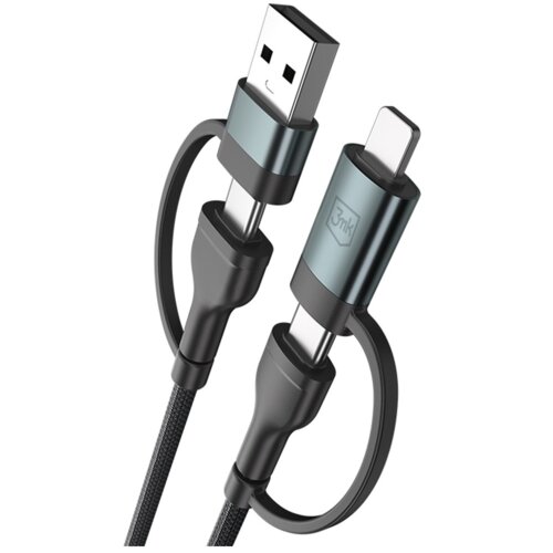 Czarny kabel USB/USB-C - USB-C/Lightning o długości 1.2 m z serii 3MK Hyper N-Series, z widocznym logo "3mk" na jednym z końców. Kabel ma metaliczne złącza i plecioną osłonę.
