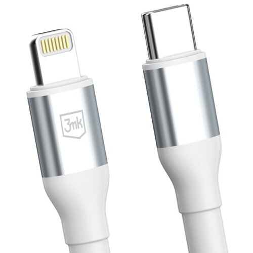 Na zdjęciu widoczne są dwa białe końcówki kabla: USB-C i Lightning, z metalicznymi elementami. Na jednej z końcówek znajduje się logo "3mk".