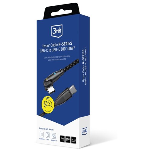 Opakowanie kabla USB-C do USB-C 3MK Hyper Cable N-Series 60W 2 m w kolorze czarnym, z widocznym logo 3mk oraz informacjami o produkcie, takimi jak "Hyper Cable N-SERIES USB-C to USB-C 180° 60W" i "Perfect for daily devices". Na opakowaniu znajduje się również grafika przedstawiająca kabel z obrotową końcówką oraz ikony urządzeń, do których kabel jest przeznaczony.