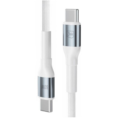 Na zdjęciu widoczny jest biały kabel USB-C do USB-C z metalicznymi elementami, na których znajduje się logo "3mk" oraz oznaczenie "60W". Kabel ma plecioną osłonę, co sugeruje jego wytrzymałość.
