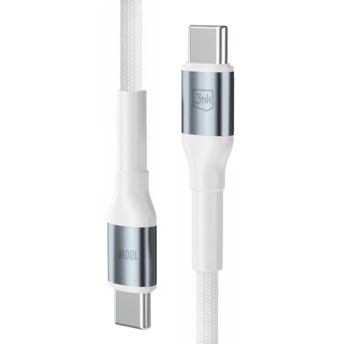 Na zdjęciu widoczny jest biały kabel USB-C do USB-C z metalicznymi końcówkami, na których znajdują się napisy "100W" oraz logo "3mk". Kabel ma plecioną osłonę, co sugeruje jego wytrzymałość.