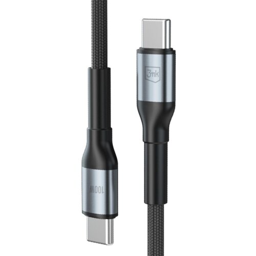 Na zdjęciu widoczny jest czarny kabel USB-C z plecionym oplotem, zakończony metalowymi wtyczkami, na których znajdują się napisy "3mk" i "100W".