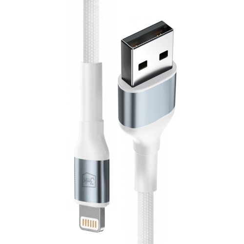 Na zdjęciu widoczny jest biały kabel USB-Lightning o długości 2 metrów z metalicznymi złączami, na których znajduje się logo "3MK". Kabel ma plecioną osłonę, a złącza są w kolorze srebrnym.