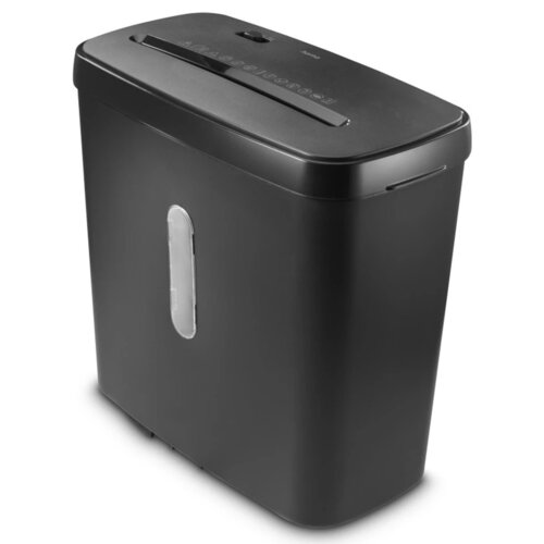 Czarna niszczarka z prostokątnym otworem na górze i przezroczystym panelem na przedniej części obudowy. Na górnej powierzchni widoczne są symbole funkcji oraz logo "Hama".