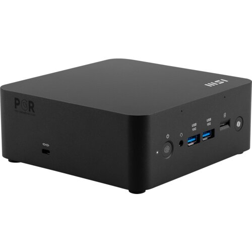 Czarny komputer w kształcie prostopadłościanu z widocznymi portami USB, przyciskiem zasilania i logo MSI na górnej powierzchni. Na przedniej ściance znajduje się napis "PGR" oraz kilka portów i wskaźników.