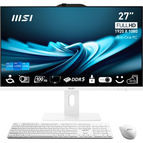 Na zdjęciu widoczny jest biały komputer all-in-one marki MSI z 27-calowym ekranem, na którym wyświetlane są informacje: "27" FULL HD 1920 x 1080 All-in-One PC", "100 Hz", "DDR5", oraz logo MSI. Przed komputerem znajdują się biała klawiatura i myszka.