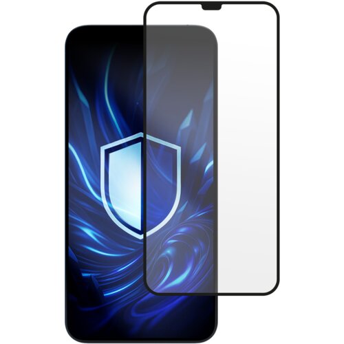 Na zdjęciu widoczny jest telefon z wyświetlaczem przedstawiającym niebieskie, abstrakcyjne wzory oraz ikonę tarczy, obok którego znajduje się przezroczyste szkło hartowane z czarną ramką. Produkt opisany jest jako "SZKŁO HARTOWANE 3MK REXGLASS GLASS 47".