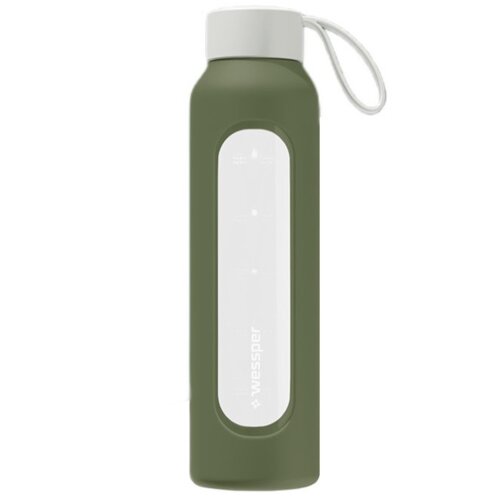 Oliwkowa butelka szklana z białą zakrętką i uchwytem, posiada przezroczysty panel z widoczną miarką oraz logo "wessper". Produkt ma prosty, nowoczesny design.