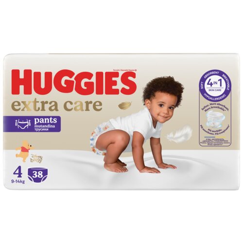 Opakowanie pieluchomajtek HUGGIES Extra Care Pants 4 (38 szt.) z widocznym dzieckiem w białym ubranku, piórkiem oraz informacjami o produkcie, takimi jak waga 9-14 kg i liczba sztuk 38. Na opakowaniu znajdują się również napisy: "extra care", "pants", "4 IN 1 SKIN CARE", "SOFT", "ABSORBENT", "BREATHABLE", "HYPOALLERGENIC", oraz logo Disney Baby.