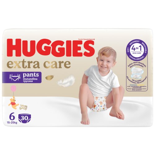Opakowanie pieluchomajtek HUGGIES Extra Care Pants 6 (30 szt.) z widocznym dużym czerwonym napisem "HUGGIES" oraz złotym "extra care", obok znajduje się dziecko w pieluchomajtkach. Na opakowaniu widnieje także fioletowy symbol "4 in 1 skin care" oraz informacje o rozmiarze 6 dla wagi 15-25 kg i liczbie sztuk 30.