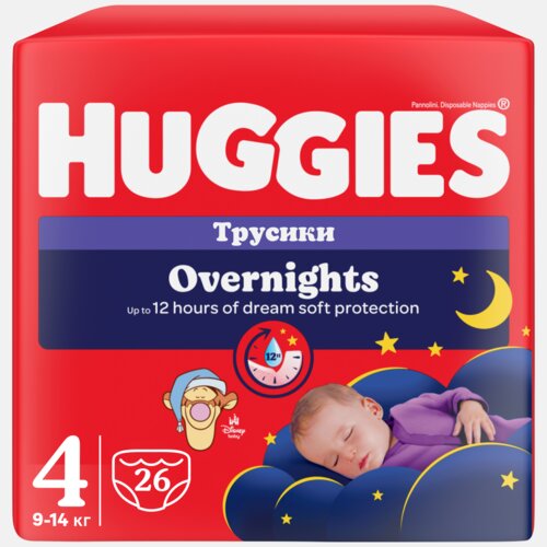 Czerwone opakowanie pieluchomajtek HUGGIES Overnight z grafiką śpiącego dziecka na chmurkach, księżycem i gwiazdkami oraz napisami: "Трусики", "Overnights", "Up to 12 hours of dream soft protection", "4", "26", "9-14 кг". Widoczne jest logo Disney Baby oraz rysunek misia w czapce do spania.