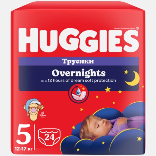 Czerwone opakowanie pieluchomajtek HUGGIES z napisem "Overnights" oraz informacją "Up to 12 hours of dream soft protection". Na opakowaniu widoczna jest grafika śpiącego dziecka na tle chmur i gwiazd, a także oznaczenie rozmiaru 5 dla wagi 12-17 kg i liczby sztuk 24.