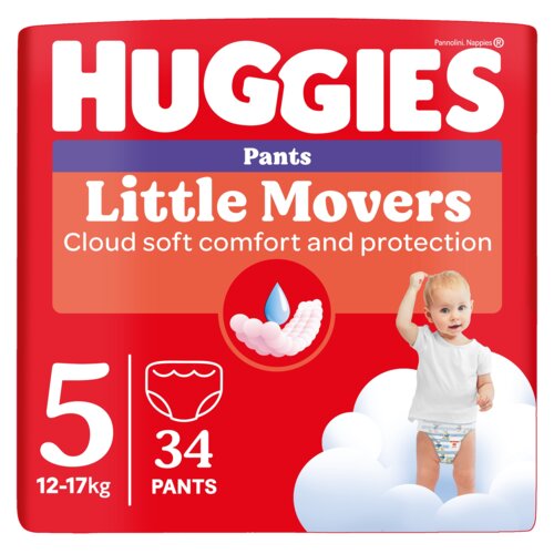 Czerwone opakowanie pieluchomajtek z dużym białym napisem "HUGGIES" na górze, poniżej napis "Little Movers" oraz "Cloud soft comfort and protection". Na opakowaniu widoczna jest liczba "5", symbol pieluchomajtek, liczba "34 PANTS" oraz wizerunek dziecka w pieluchomajtkach stojącego na chmurce.