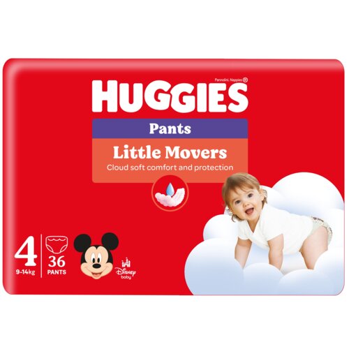 Czerwone opakowanie pieluchomajtek z napisem "HUGGIES Pants Little Movers" oraz informacją "Cloud soft comfort and protection". Widoczne są także liczby "4" i "36", logo z postacią z kreskówki oraz napis "Disney baby".