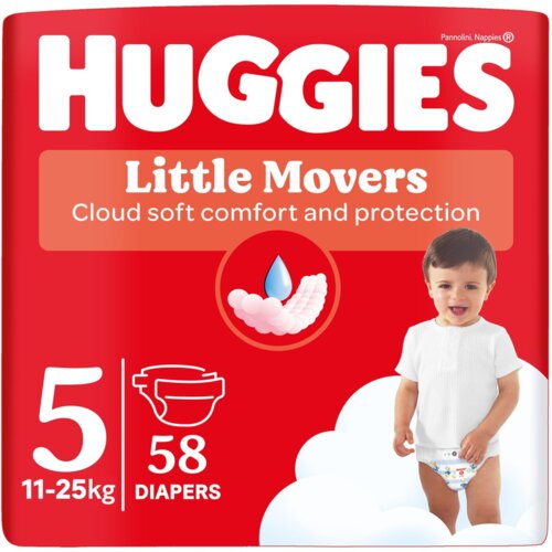 Czerwone opakowanie pieluszek z dużym białym napisem "HUGGIES" na górze, poniżej napis "Little Movers Cloud soft comfort and protection". Na opakowaniu widnieje liczba "5", oznaczenie wagi "11-25kg" oraz liczba "58 DIAPERS", a także ilustracja pieluszki i dziecka.