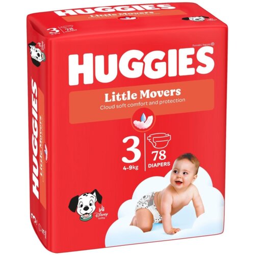 Czerwone opakowanie pieluszek HUGGIES Little Movers Mega Pack z napisem "Cloud soft comfort and protection", zawierające 78 sztuk dla dzieci o wadze 4-9 kg, z ilustracją uśmiechniętego dziecka i logo Disney baby.