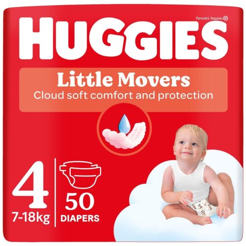 Czerwone opakowanie pieluszek z dużym białym napisem "HUGGIES" na górze, poniżej napis "Little Movers Cloud soft comfort and protection". Na opakowaniu widoczna jest liczba "4", oznaczenie "7-18kg", liczba "50 DIAPERS" oraz grafika dziecka siedzącego na chmurce.