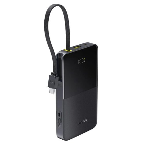 Czarny powerbank z wyświetlaczem pokazującym "100%" oraz logo "baseus" na dolnej części obudowy. Urządzenie posiada wbudowany kabel z końcówką USB-C.