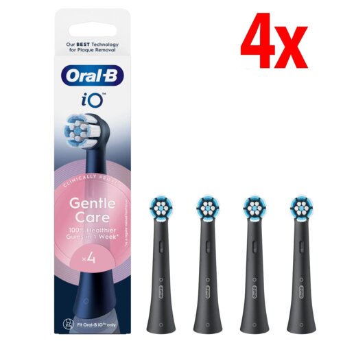 Opakowanie końcówek szczoteczki Oral-B iO Gentle Care Black z napisem "Our BEST Technology for Plaque Removal" oraz "Gentle Care 100% Healthier Gums in 1 Week" i cztery czarne końcówki szczoteczki obok. Widoczny jest także duży czerwony napis "4x".