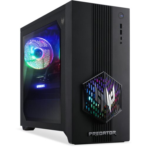 Czarna obudowa komputera z podświetleniem RGB widocznym przez boczny panel, na którym znajduje się napis "GEFORCE RTX". Na przednim panelu widoczne jest logo "PREDATOR" oraz kilka portów i przycisk zasilania.