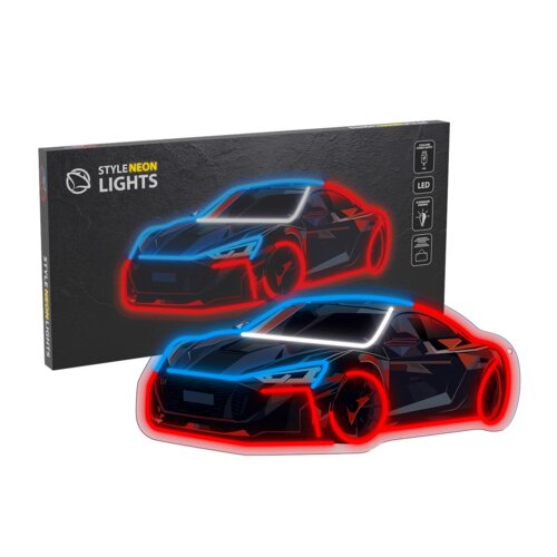 Pudełko z napisem "STYLE NEON LIGHTS" przedstawia grafikę sportowego samochodu z neonowym oświetleniem w kolorach czerwonym i niebieskim. Obok pudełka znajduje się neonowy model samochodu, który jest identyczny z grafiką na opakowaniu.