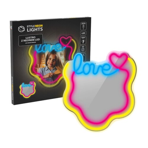 Opakowanie produktu z napisem "STYLE NEON LIGHTS" oraz "LUSTRO Z NEONEM LED" przedstawia lustro z neonowym napisem "love" i sercem, otoczone kolorowymi konturami. Na opakowaniu znajdują się ikony symbolizujące funkcje LED oraz zasilanie.